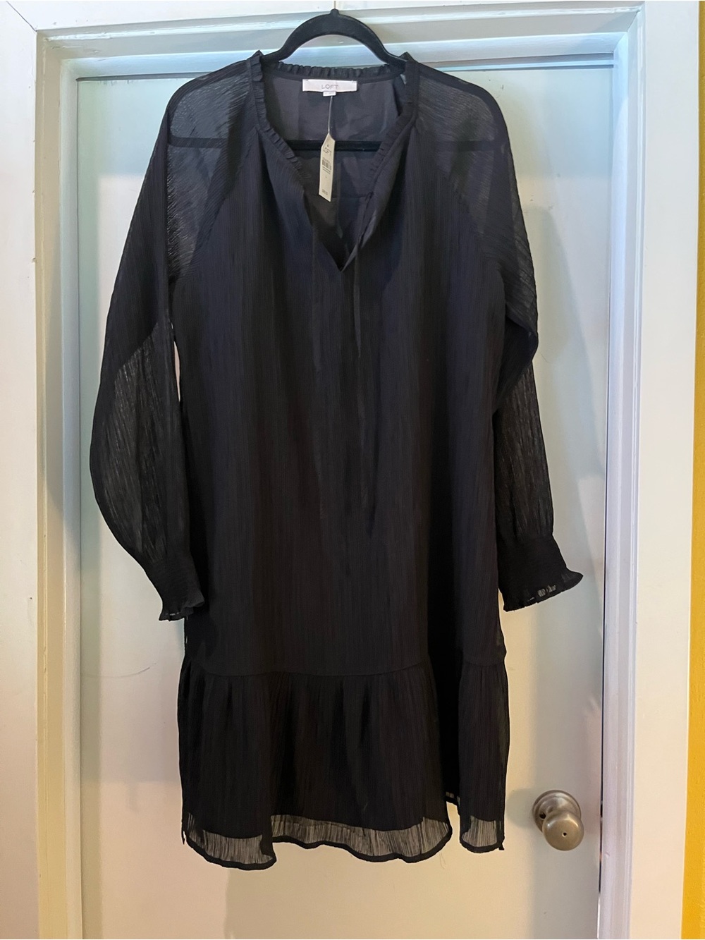 LOFT Black Pleated V-Neck Long Sleeve Dress